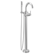 Chrome floor-mount tub filler with curved spout, single handle, and detachable hand shower on flexible hose.