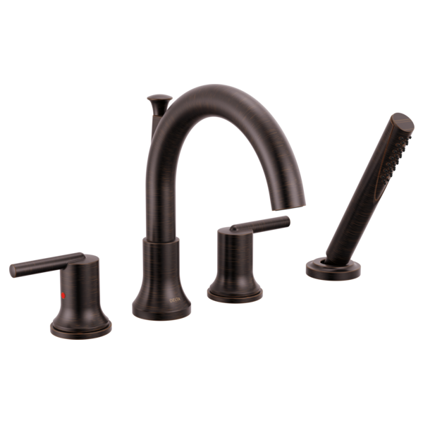 Dark bronze four-piece roman tub faucet set with curved spout, two lever handles, and handheld shower wand.
