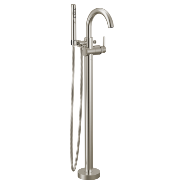 Brushed nickel floor-mount tub filler with curved spout, single handle, and detachable hand shower on hose.