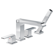 Chrome four-piece tub trim set with deck-mounted spout, hand shower, and control handles.