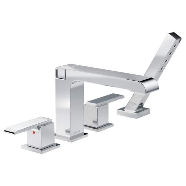 Chrome four-piece tub trim set with deck-mounted spout, hand shower, and control handles.