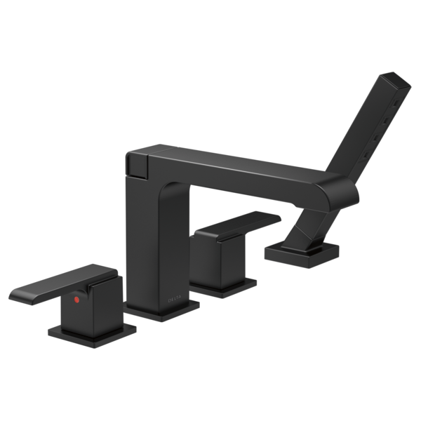 Black modern Roman tub trim set with deck-mounted faucet handles, spout, and angled hand shower wand.