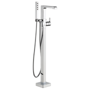 Chrome floor-mount tub filler with single lever handle, spout, and detachable hand shower on hose.
