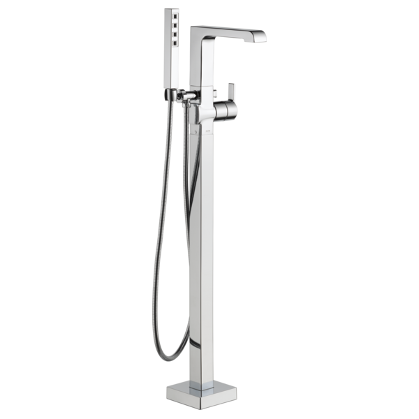 Chrome floor-mount tub filler with single lever handle, spout, and detachable hand shower on hose.