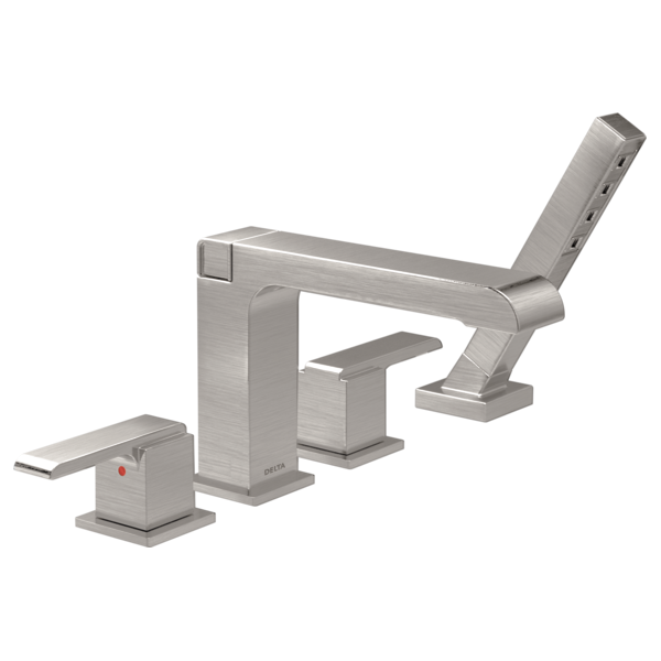 Brushed nickel four-piece roman tub trim set with two lever handles, spout, and detachable hand shower wand.