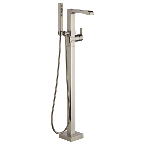 Brushed nickel floor-mount tub filler with single lever handle, spout, and detachable hand shower on hose.