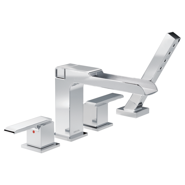 Chrome four-piece roman tub trim with rectangular spout, hand shower, and matching deck-mounted faucet handles.