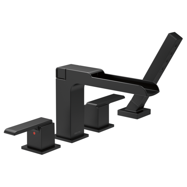 Black four-piece Roman tub trim set with channel spout, hand shower, and two lever handles.