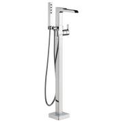 Chrome floor-mount tub filler with single handle, channel spout, and detachable hand shower with hose.