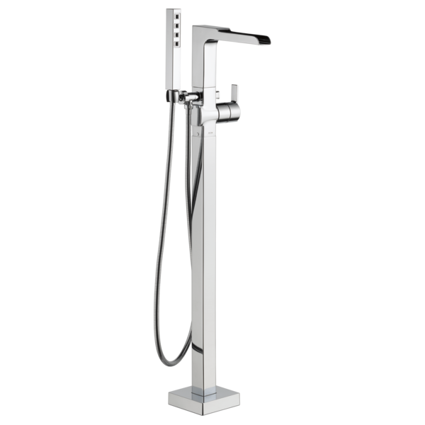 Chrome floor-mount tub filler with single handle, channel spout, and detachable hand shower with hose.