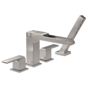 Brushed nickel four-piece Roman tub trim with channel spout, hand shower, and matching deck-mounted faucet handles.