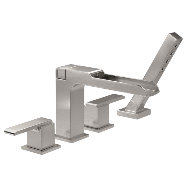 Brushed nickel four-piece Roman tub trim with channel spout, hand shower, and matching deck-mounted faucet handles.