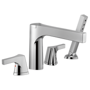Chrome Roman tub filler with four handles, spout, and detachable handshower on right side.