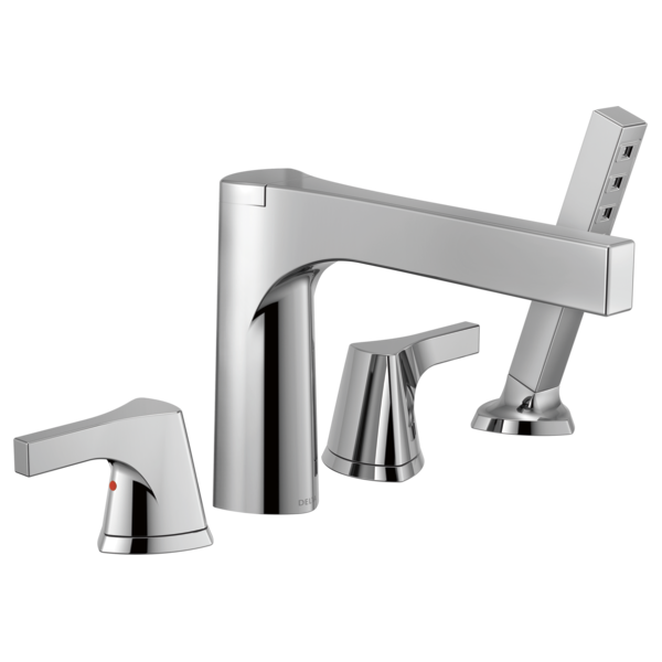 Chrome Roman tub filler with four handles, spout, and detachable handshower on right side.