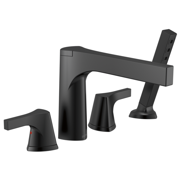 Black Delta Zura Roman tub trim with four-hole configuration, including curved spout, two lever handles, and handheld shower 
