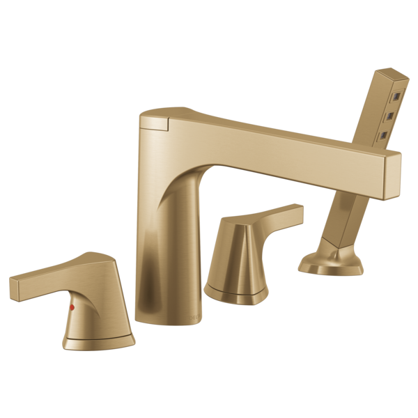 Champagne bronze four-piece Roman tub faucet with curved spout, two handle controls, and detachable handshower.