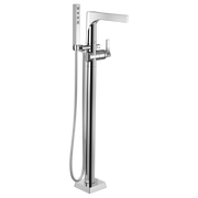 Chrome floor-mounted tub filler with single lever handle, angled spout, and detachable hand shower on hose.