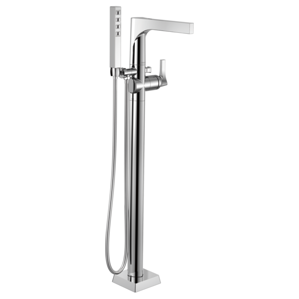 Chrome floor-mounted tub filler with single lever handle, angled spout, and detachable hand shower on hose.