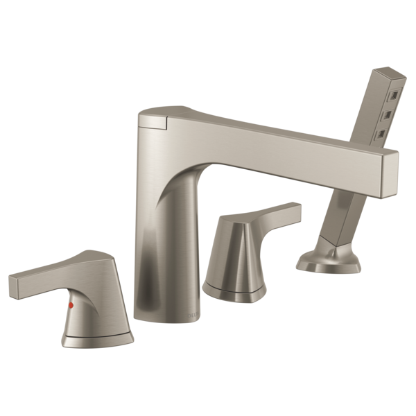 Brushed nickel 4-hole roman tub faucet with curved spout, two lever handles, and detachable handshower.