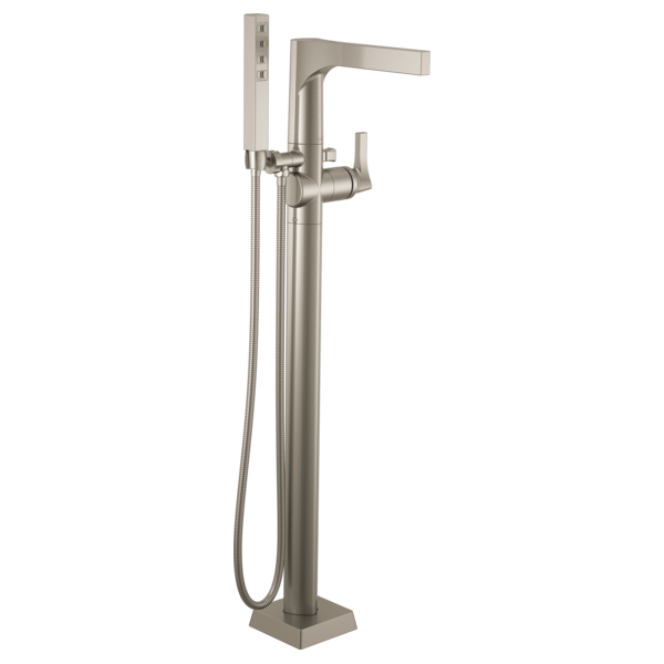 Brushed nickel floor-mount tub filler with single lever handle, spout, and detachable hand shower on hose.
