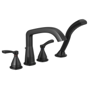 Four-piece matte black Roman tub faucet trim with lever handles and curved spout.