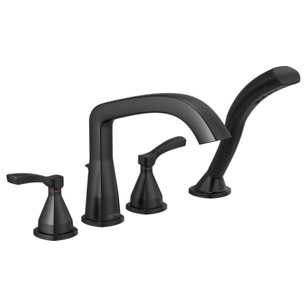 Four-piece matte black Roman tub faucet trim with lever handles and curved spout.