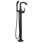 Black floor-mount tub filler with curved spout, lever handle, and detachable handheld showerhead.