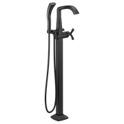 Matte black floor-mount tub filler with curved spout, cross handles, and detachable handheld shower head.