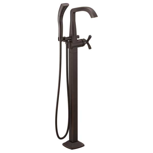Tall black matte faucet with curved spout, dual cross handles, handheld showerhead, and floor-mounted base.