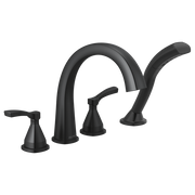 Black four-hole arc Roman tub trim with two lever handles and curved spout.