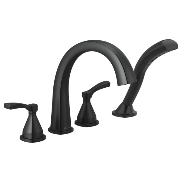 Black four-hole arc Roman tub trim with two lever handles and curved spout.