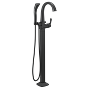 Black arc floor mount tub filler with single lever handle and handheld showerhead on hose.