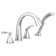 Chrome Roman tub trim with curved spout, hand shower, and three lever handles in polished finish.