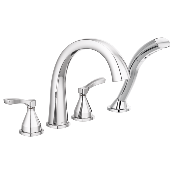Chrome Roman tub trim with curved spout, hand shower, and three lever handles in polished finish.