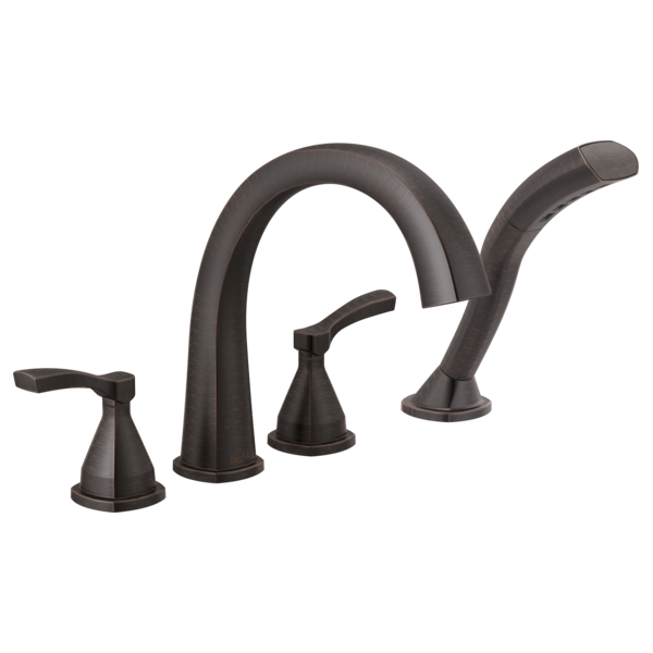 Chrome-finished four-hole bathtub faucet with curved spout and lever handles in matte black.