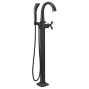 Black floor-mount tub filler with arched spout, cross handles, and detachable handheld showerhead.