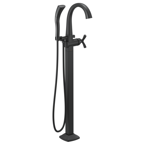 Black floor-mount tub filler with arched spout, cross handles, and detachable handheld showerhead.