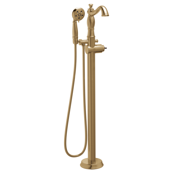 Champagne bronze floor-mounted tub filler with curved spout, hand shower, and flexible hose attachment.