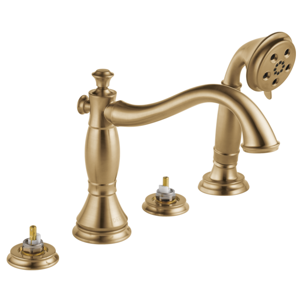 Champagne bronze Roman tub faucet with curved spout, hand shower on adjustable bracket, and valve stem holes.