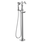 Chrome floor-mount tub filler with curved spout, hand shower on hose, and wall-mounted showerhead.