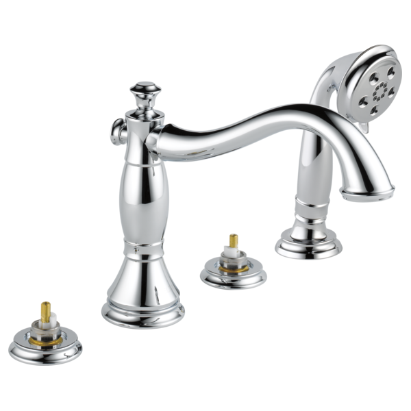 Chrome Roman tub faucet with curved spout, hand shower, and brass valve stems on white background.