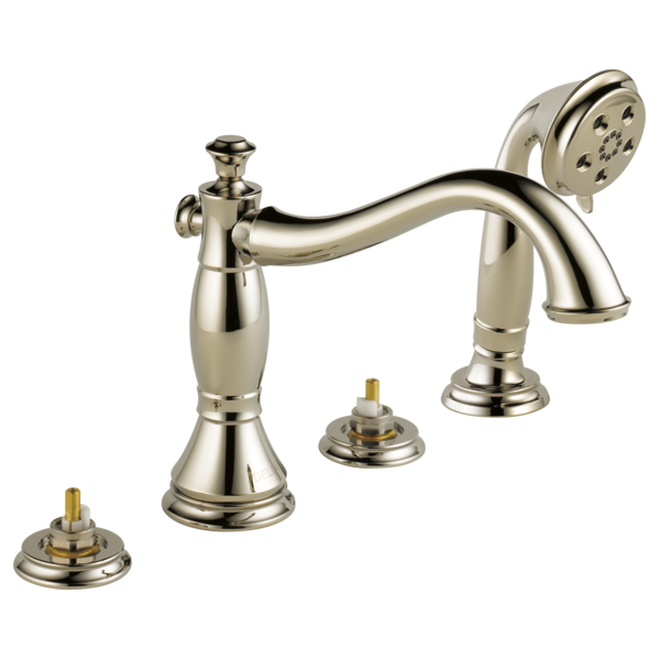 Chrome Roman tub faucet with curved spout, hand shower, and two valve bodies with brass stems.