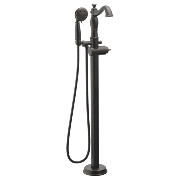 Black floor-mounted tub filler with curved spout, hand shower on hose, and circular valve body.