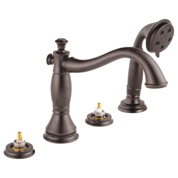Delta Cassidy roman tub trim in oil-rubbed bronze with hand shower, spout, and valve components displayed.