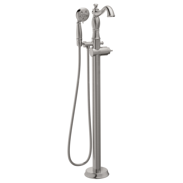 Brushed nickel floor-mount tub filler with curved spout, hand shower on hose, and showerhead.