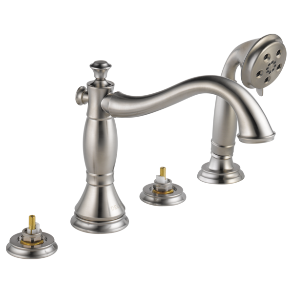 Brushed nickel Roman tub faucet with curved spout, hand shower, and two valve trim pieces with brass stems.