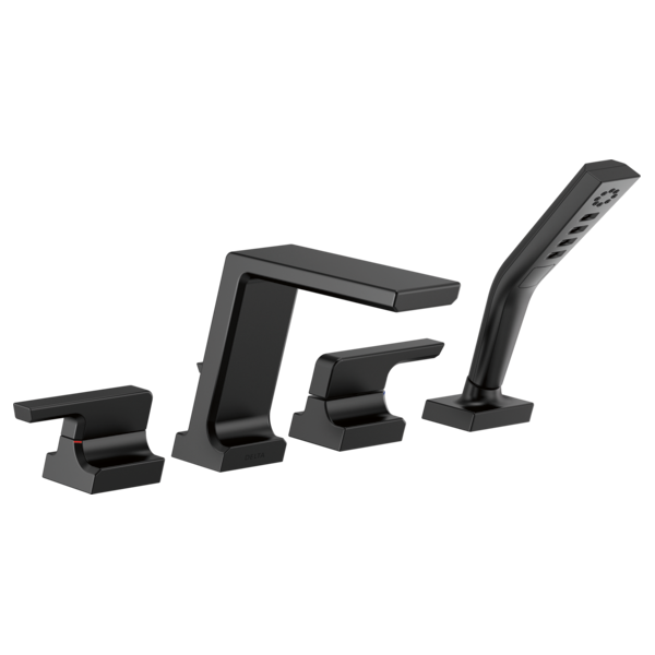 Four-piece black matte roman tub faucet trim with dual handles, spout, and curved hand shower wand.