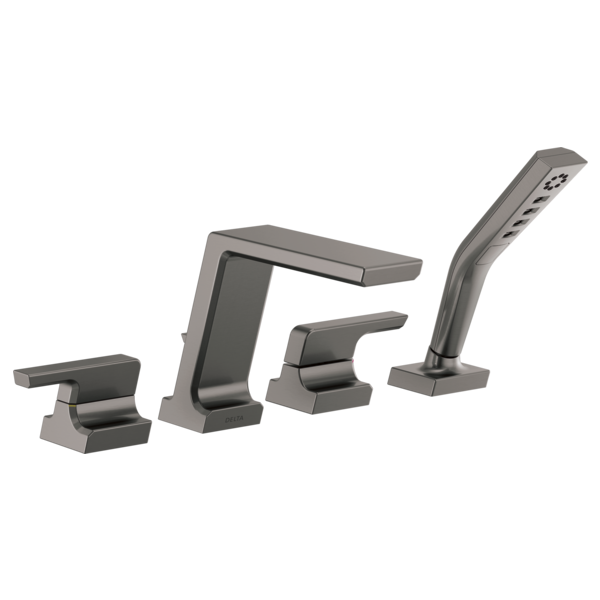 Four-piece gunmetal gray Roman tub trim with curved spout, hand shower, and two lever handles.