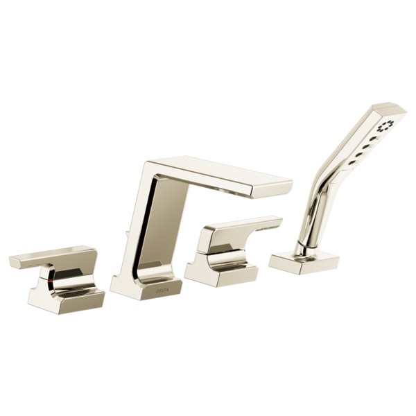 Chrome roman tub faucet with rectangular spout, two lever handles, and curved hand shower wand.