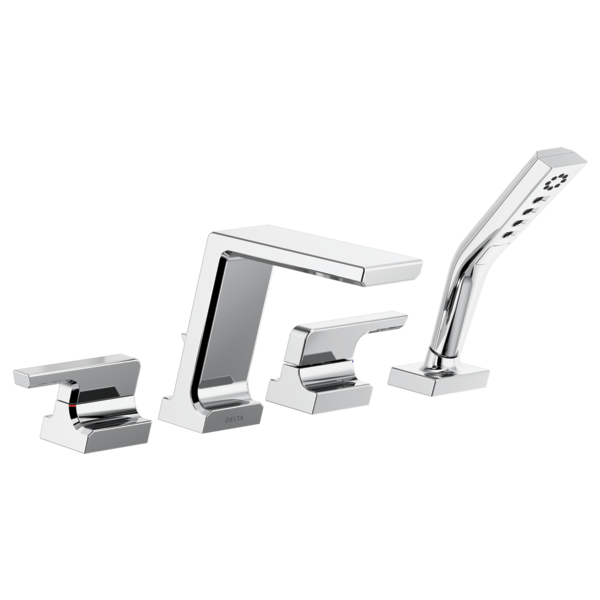 Chrome roman tub faucet trim with two handles, spout, and detachable hand shower with multiple spray jets.